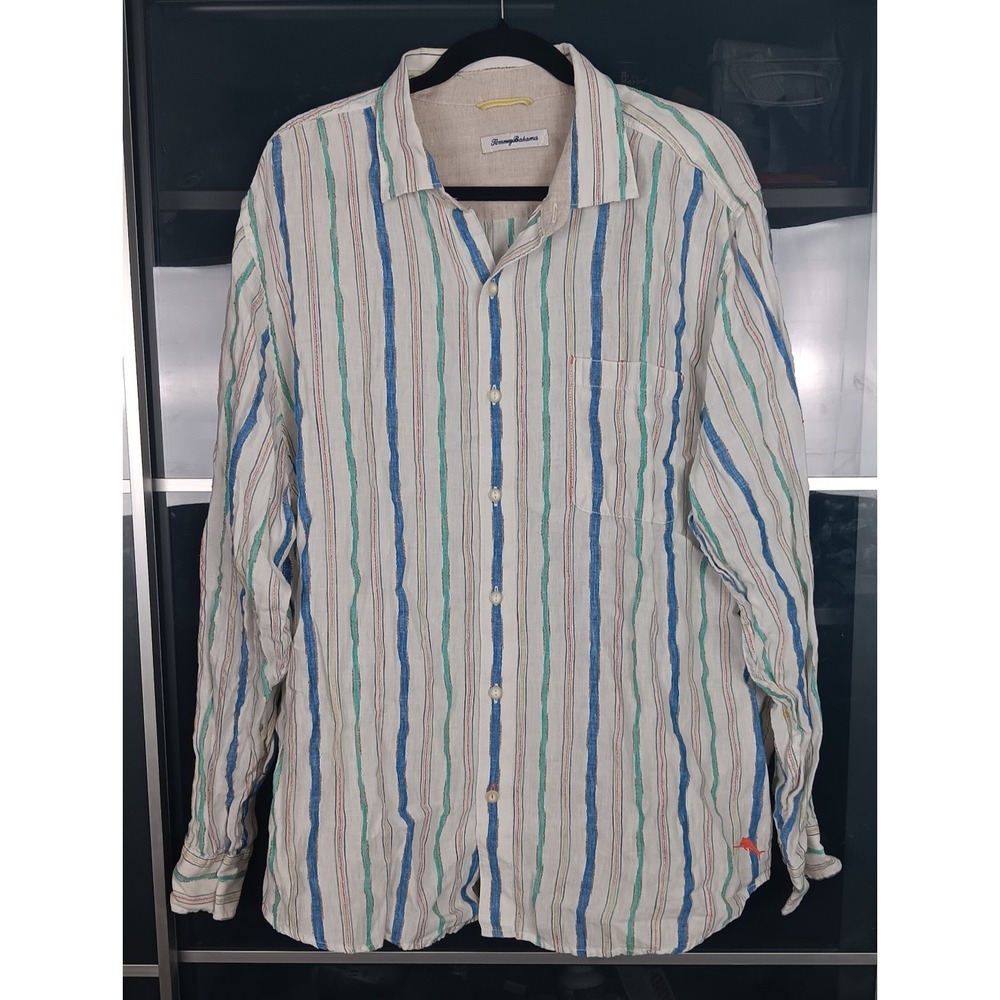 Tommy Bahama Long Sleeve Button Up Men's Size XL Extra Large Linen White Stripes